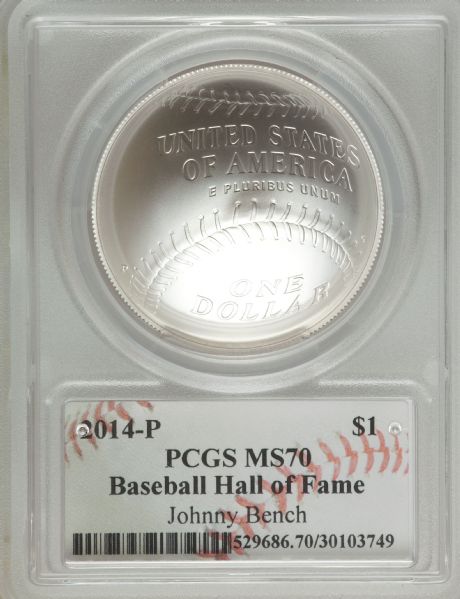 2014 P $1 Silver Commemorative Baseball Hall of Fame HOF Johnny Bench PCGS MS70