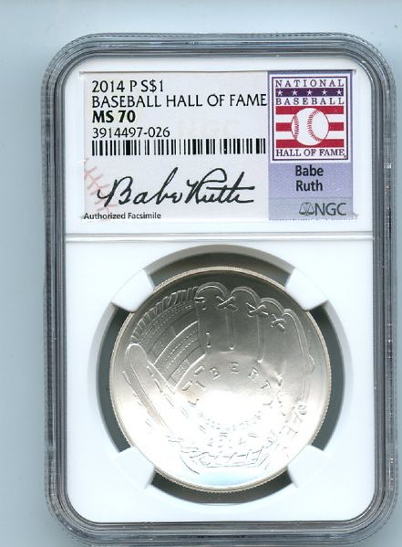 2014 P $1 Silver Commemorative Baseball Hall of Fame HOF Babe Ruth NGC MS70