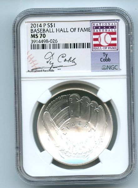 2014 P $1 Silver Commemorative Baseball Hall of Fame HOF Ty Cobb NGC MS70