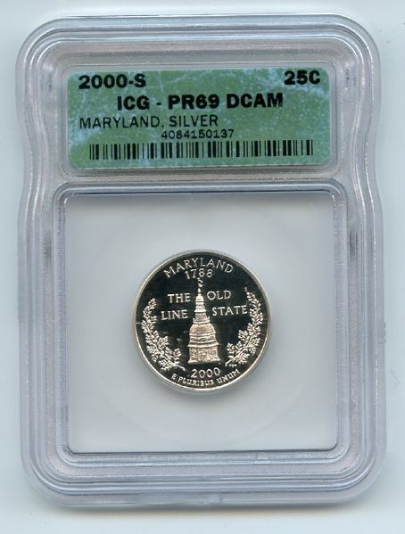 2000 S 25C Silver Maryland Quarter ICG PR69DCAM