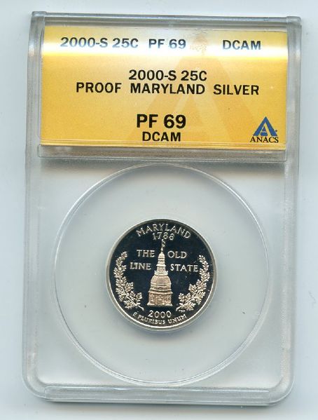 2000 S 25C Silver Maryland Quarter ANACS PR69DCAM