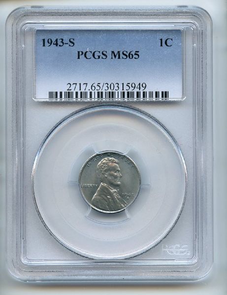 1943 S 1C Lincoln Cent PCGS MS65