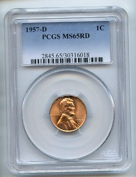 1957 D 1C Lincoln Cent PCGS MS65RD