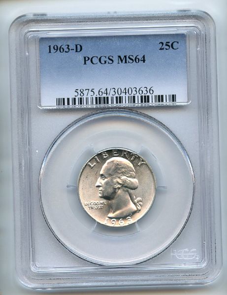1963 D 25C Washington Silver Quarter PCGS MS64