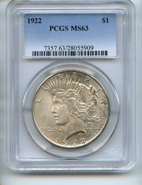 1922 $1 Silver Peace Dollar PCGS MS63