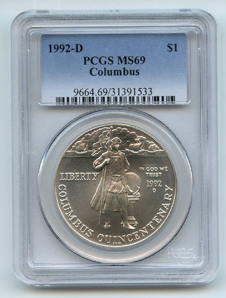 1992 D $1 Columbus Silver Commemorative Dollar PCGS MS69