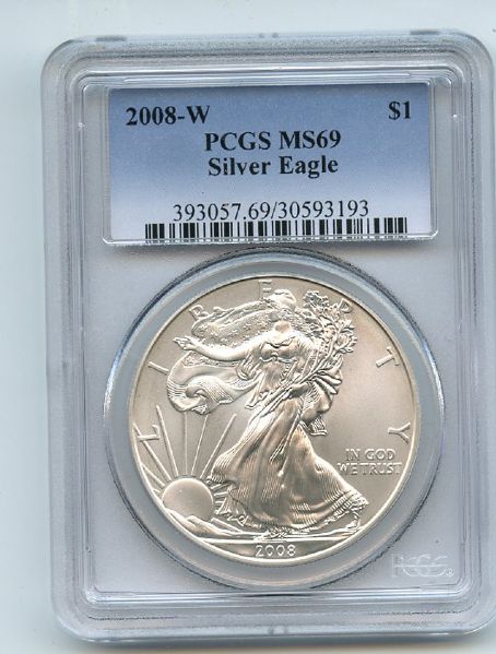 2008 W $1 Uncirculated Burnished Silver Eagle PCGS MS69