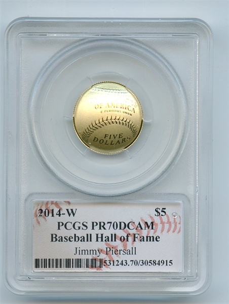 2014 W $5 Gold Baseball HOF Commemorative Jimmy Piersall PCGS PR70DCAM