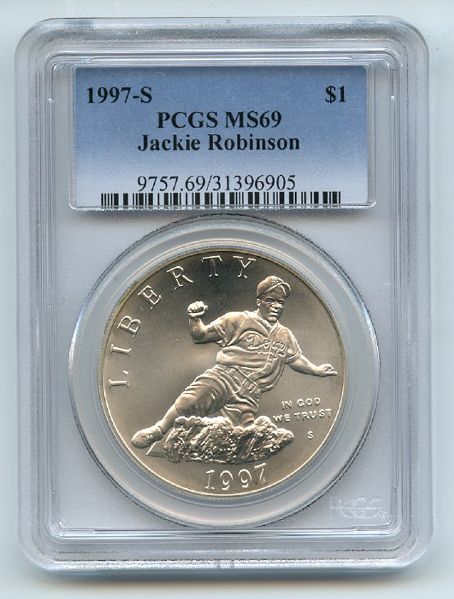 1997 S $1 Jackie Robinson Silver Commemorative Dollar PCGS MS69