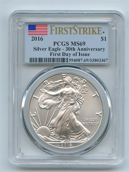 2016 $1 American Silver Eagle 1oz Dollar PCGS MS69 First Day of Issue