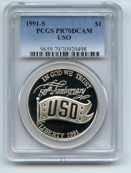 1991 S $1 USO Silver Commemorative Dollar PCGS PR70DCAM