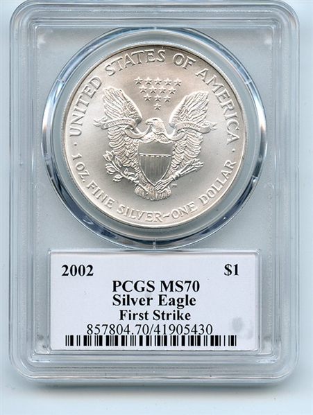 2002 $1 American Silver Eagle 1oz PCGS MS70 First Strike Leonard Buckley