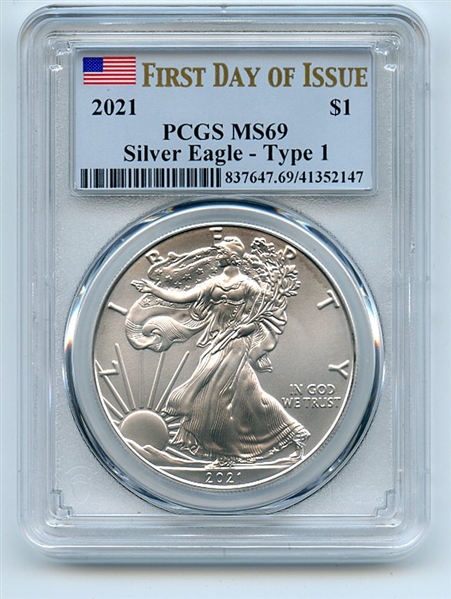 2021 $1 American Silver Eagle 1oz Dollar Type 1 PCGS MS69 First Day of Issue