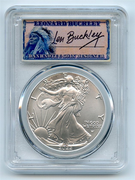 2022 $1 American Silver Eagle 1oz Dollar PCGS MS70 FDOI Leonard Buckley