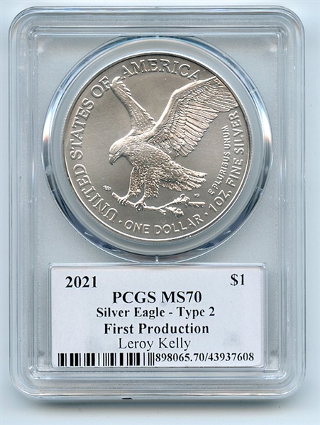 2021 $1 Silver Eagle T2 First Production PCGS MS70 Legends of Life Leroy Kelly