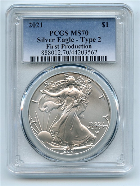 2021 $1 American Silver Eagle 1oz Type 2 First Production PCGS MS70