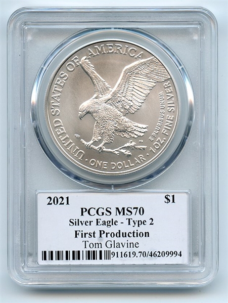 2021 $1 Silver Eagle T2 First Production PCGS MS70 Legends Life Tom Glavine