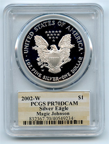 2002 W $1 Proof American Silver Eagle 1oz PCGS PR70DCAM Magic Johnson