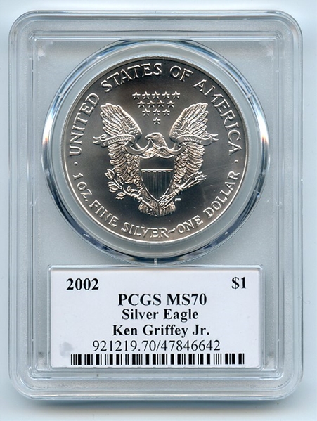 2002 $1 American Silver Eagle Dollar PCGS MS70 Legends of Life Ken Griffey Jr