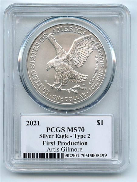 2021 $1 Silver Eagle T2 First Production PCGS MS70 Legends Life Artis Gilmore