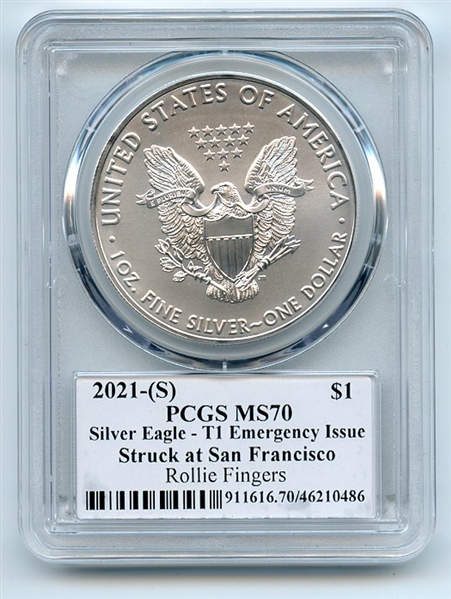 2021 (S) American Silver Eagle PCGS MS70 FDOI Legends of Life Rollie Fingers
