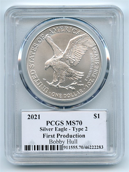 2021 $1 Silver Eagle T2 First Production PCGS MS70 Legends Life Bobby Hull