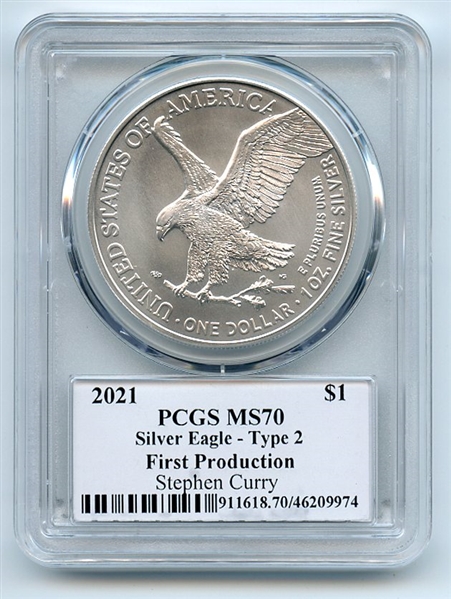 2021 $1 Silver Eagle T2 First Production PCGS MS70 Legends Life Stephen Curry