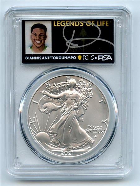 2021 $1 Silver Eagle T2 First Prod PCGS MS70 Legends Life Giannis Antetokounmpo
