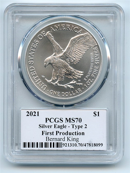2021 $1 Silver Eagle T2 First Production PCGS MS70 Legends Life Bernard King