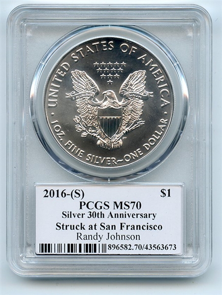 2016 (S) $1 American Silver Eagle PCGS PSA MS70 Legends of Life Randy Johnson