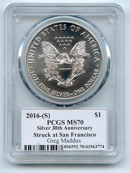 2016 (S) $1 American Silver Eagle PCGS PSA MS70 Legends of Life Greg Maddux