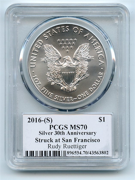 2016 (S) $1 American Silver Eagle PCGS PSA MS70 Legends of Life Rudy Ruettiger
