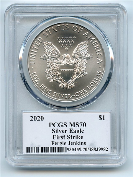 2020 $1 American Silver Eagle 1oz PCGS MS70 FS Legends of Life Fergie Jenkins