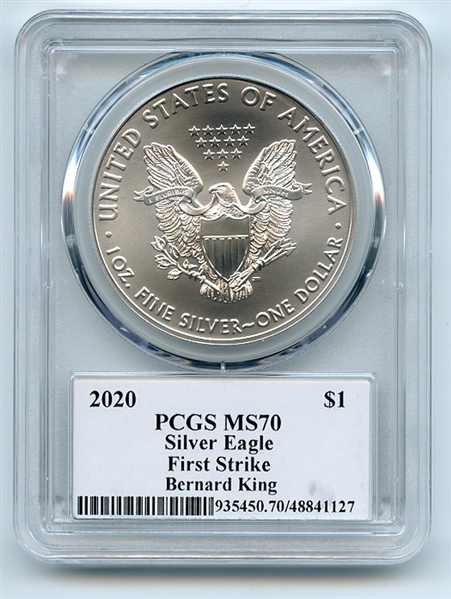 2020 $1 American Silver Eagle 1oz PCGS MS70 FS Legends of Life Bernard King