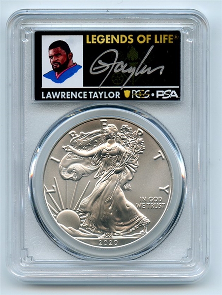 2020 $1 American Silver Eagle 1oz PCGS MS70 FS Legends of Life Lawrence Taylor