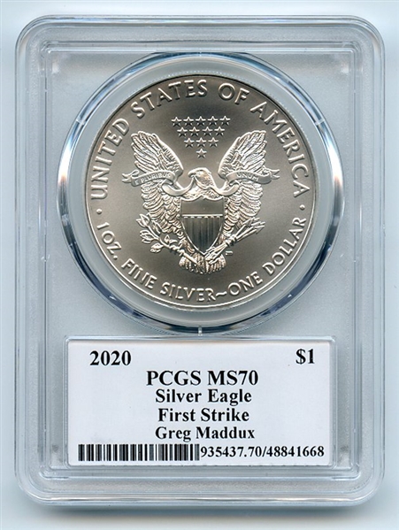 2020 $1 American Silver Eagle 1oz PCGS MS70 FS Legends of Life Greg Maddux
