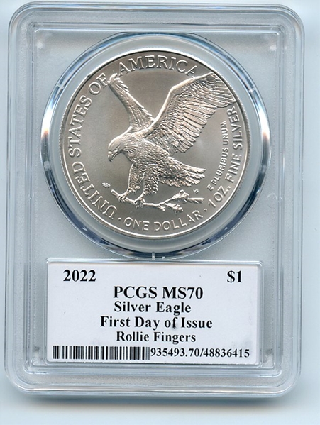 2022 $1 American Silver Eagle 1oz PCGS MS70 FDOI Legends of Life Rollie Fingers