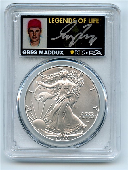2022 $1 American Silver Eagle 1oz PCGS MS70 FDOI Legends of Life Greg Maddux