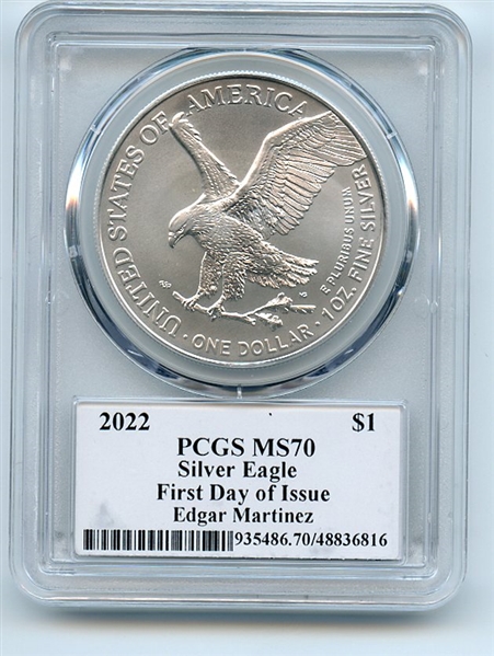 2022 $1 American Silver Eagle 1oz PCGS MS70 FDOI Legends of Life Edgar Martinez