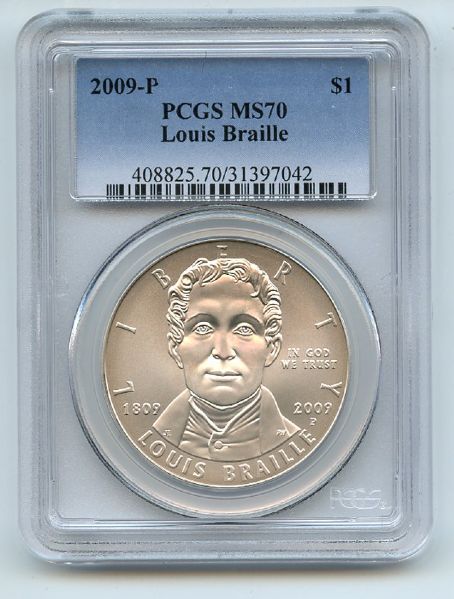 2009 P $1 Louis Braille Silver Commemorative Dollar PCGS MS70