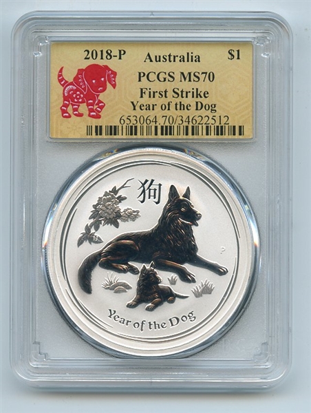 2018 $1 P Australian Silver Dog 1oz PCGS MS70 First Strike