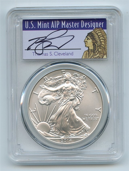 2014 W $1 Unc Burnished Silver Eagle 1oz PCGS SP70 Thomas Cleveland Native