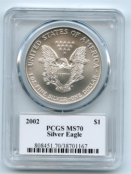 2002 $1 American Silver Eagle PCGS MS70 Leonard Buckley