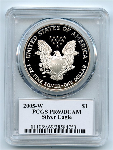2005 W $1 Proof American Silver Eagle 1oz PCGS PR69DCAM Leonard Buckley
