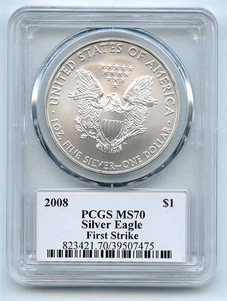 2008 $1 American Silver Eagle Dollar 1oz PCGS MS70 Leonard Buckley First Strike