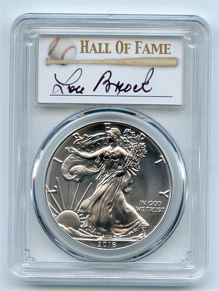 2016 (S) $1 American Silver Eagle 1oz PCGS MS70 Lou Brock