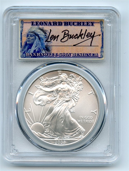 2008 $1 American Silver Eagle 1oz Dollar PCGS MS70 Leonard Buckley