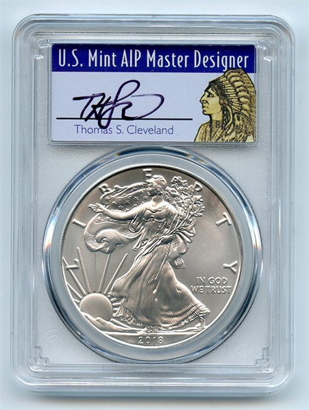 2018 $1 American Silver Eagle 1oz PCGS MS70 Thomas Cleveland Native