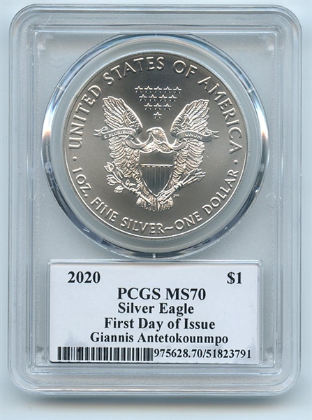 2020 $1 American Silver Eagle PCGS MS70 FDOI Legends Life Giannis Antetokounmpo