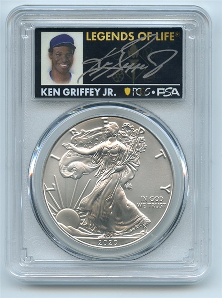 2020 $1 American Silver Eagle PCGS MS70 FDOI Legends of Life Ken Griffey Jr
